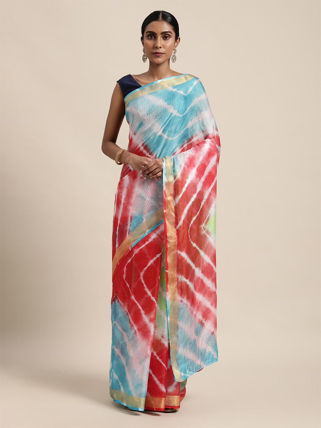 Geroo Jaipur Red & Blue Tie and Dye Silk Cotton Kota Saree