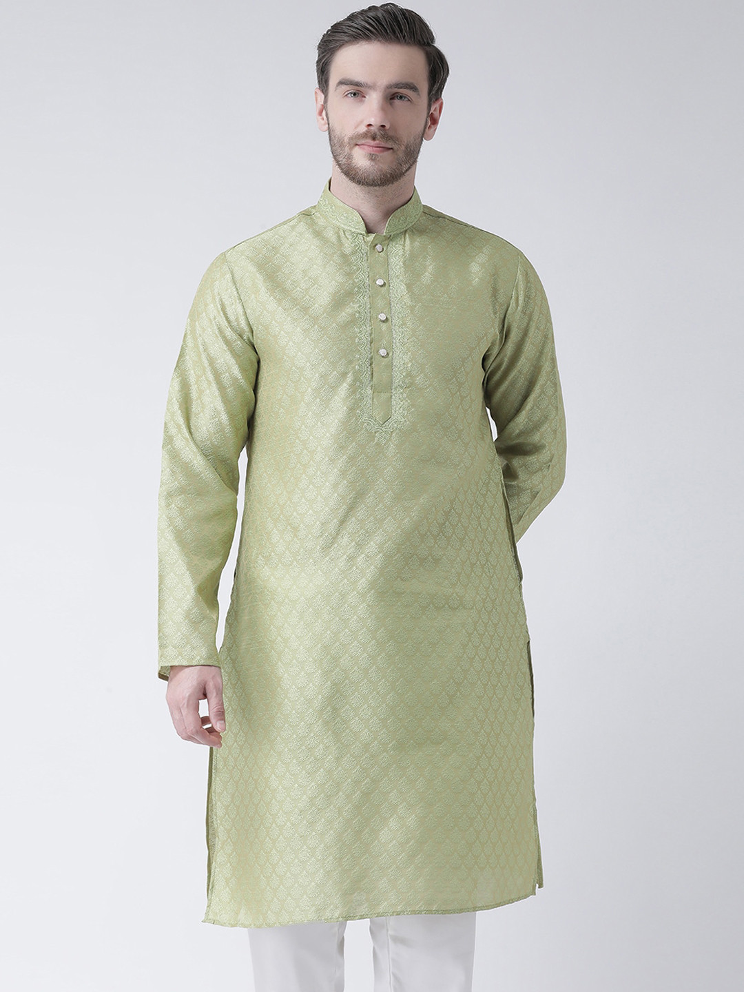 SG LEMAN Men Sea Green Thread Work Kurta