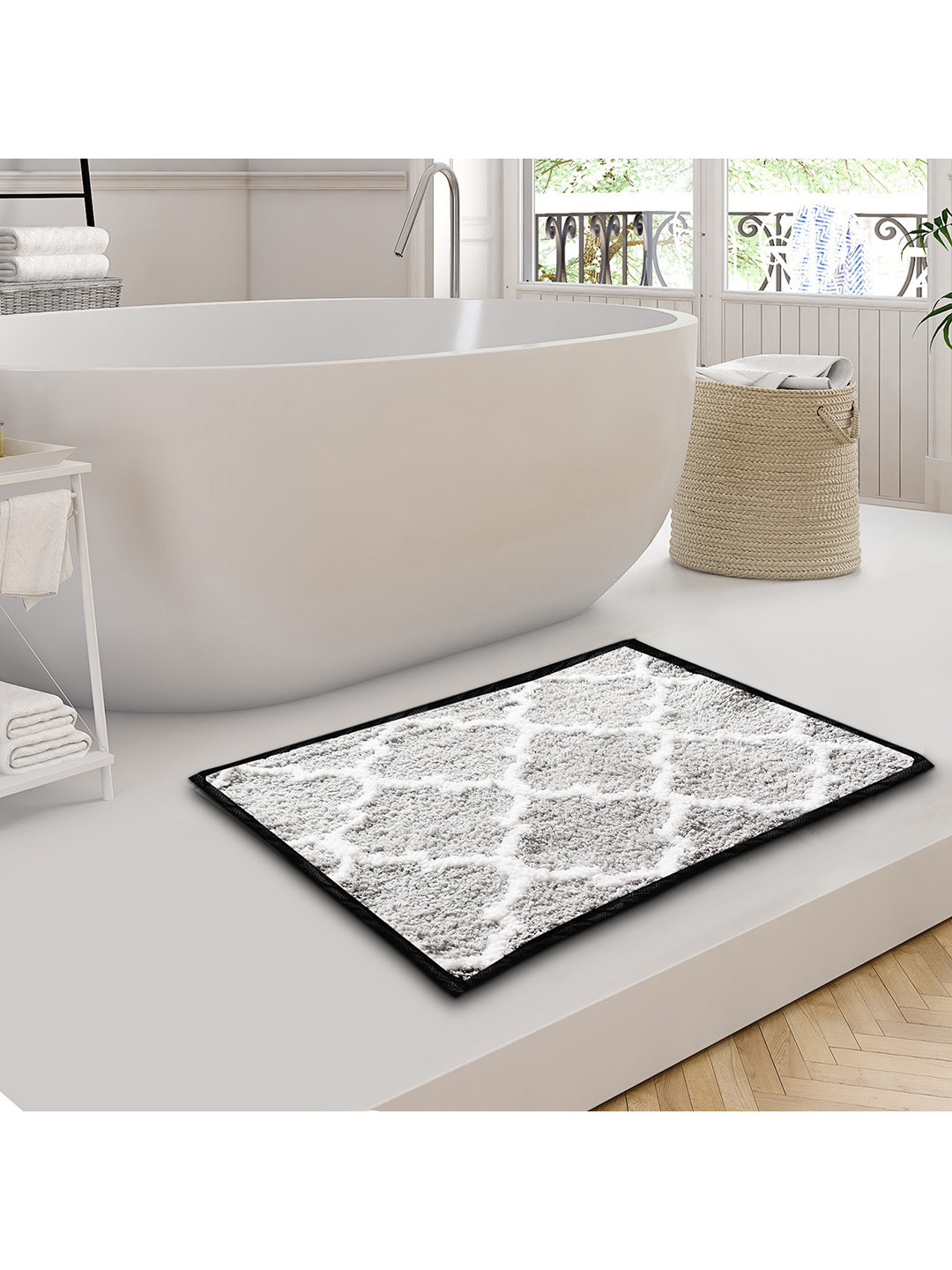 AAZEEM Set Of 2 Grey Geometric Print Non Skid Floor Rug