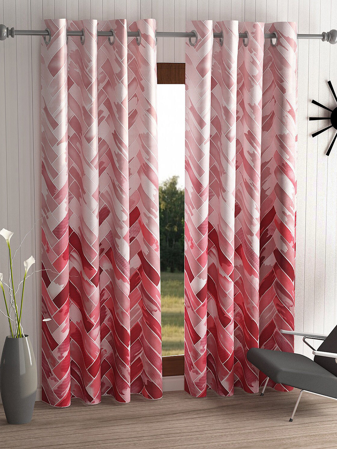 Home Sizzler Maroon & White Set of 2 Geometric Long Door Curtain