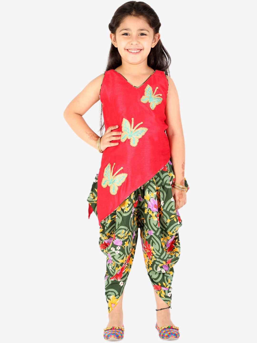 KID1 Girls Red Embroidered Kurti with Dhoti Pants