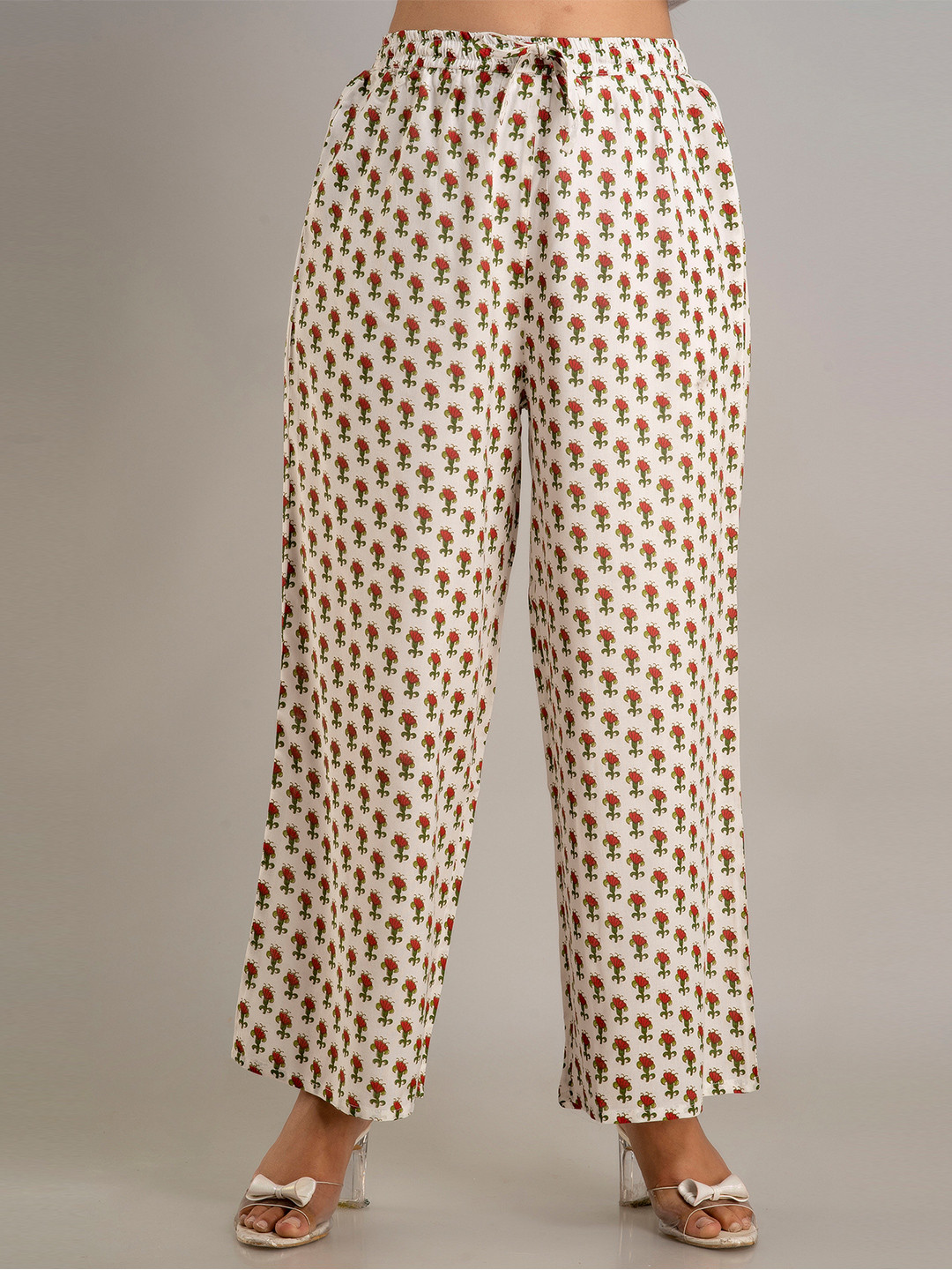 DORIYA Women Red & White Floral Printed Knitted Palazzos