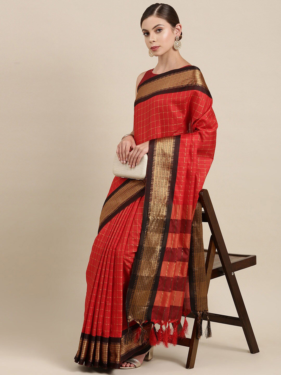 KALINI Red & Brown Checked Zari Silk Cotton Uppada Saree