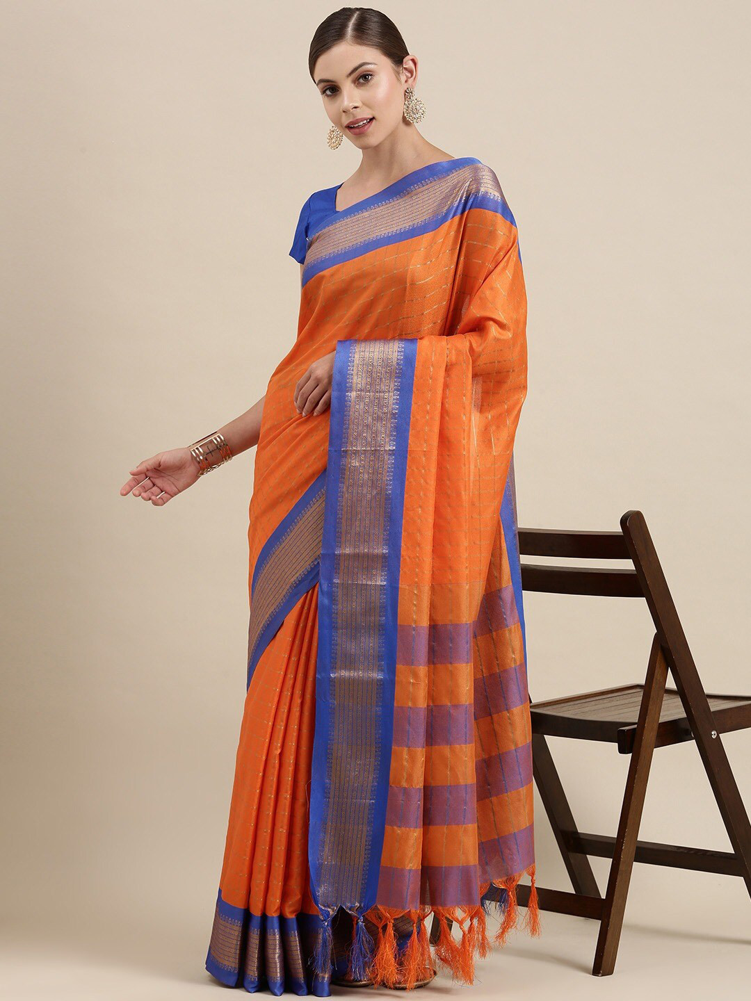 KALINI Orange & Blue Checked Zari Silk Cotton Uppada Saree