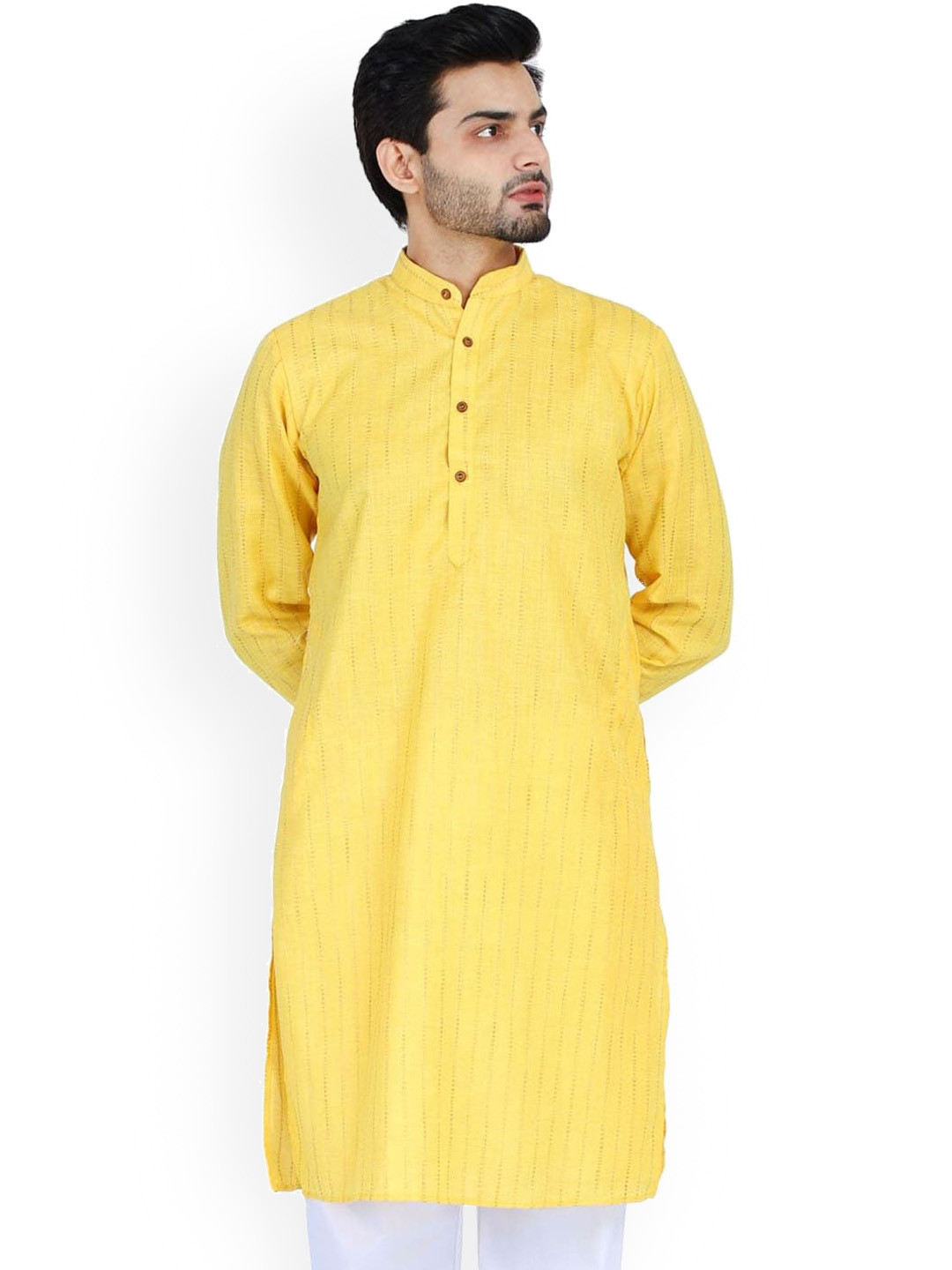 TAHVO Men Yellow Striped Thread Work Kurta