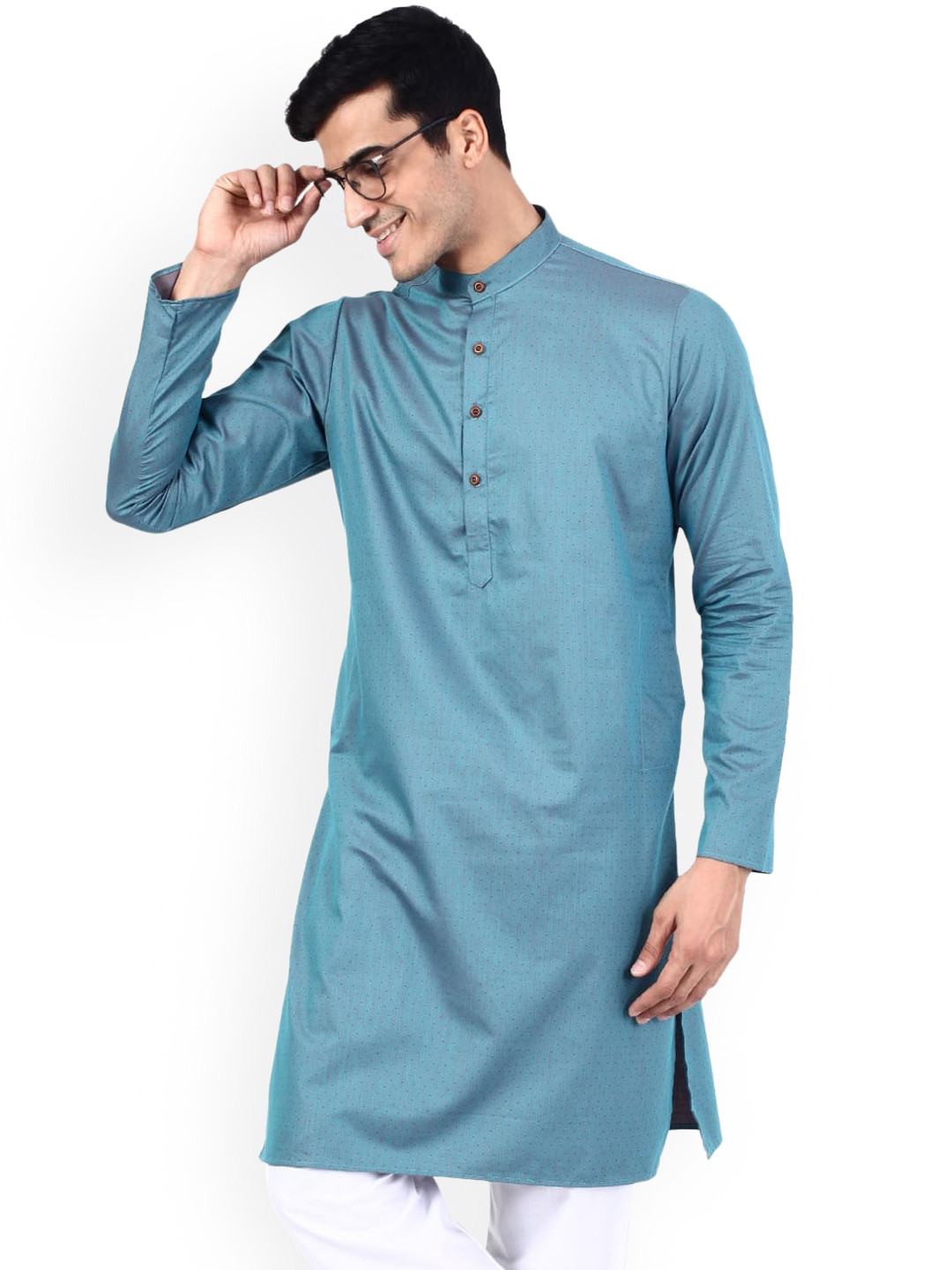 TAHVO Men Blue Flared Sleeves Thread Work Kurta