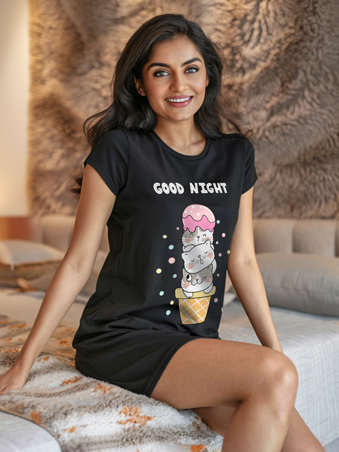 FFLIRTYGO Black Printed Cotton Blend Knee Length T-Shirt Nightdress