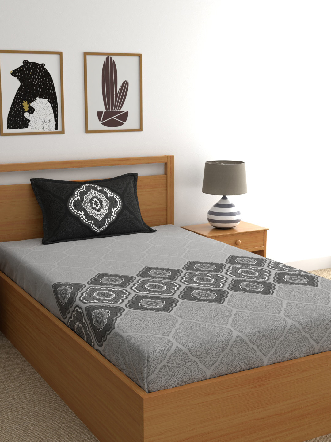 Dreamscape Grey Ethnic Motifs Cotton 140 TC Single Bedsheet with a Pillow Cover-59 x 100 inches
