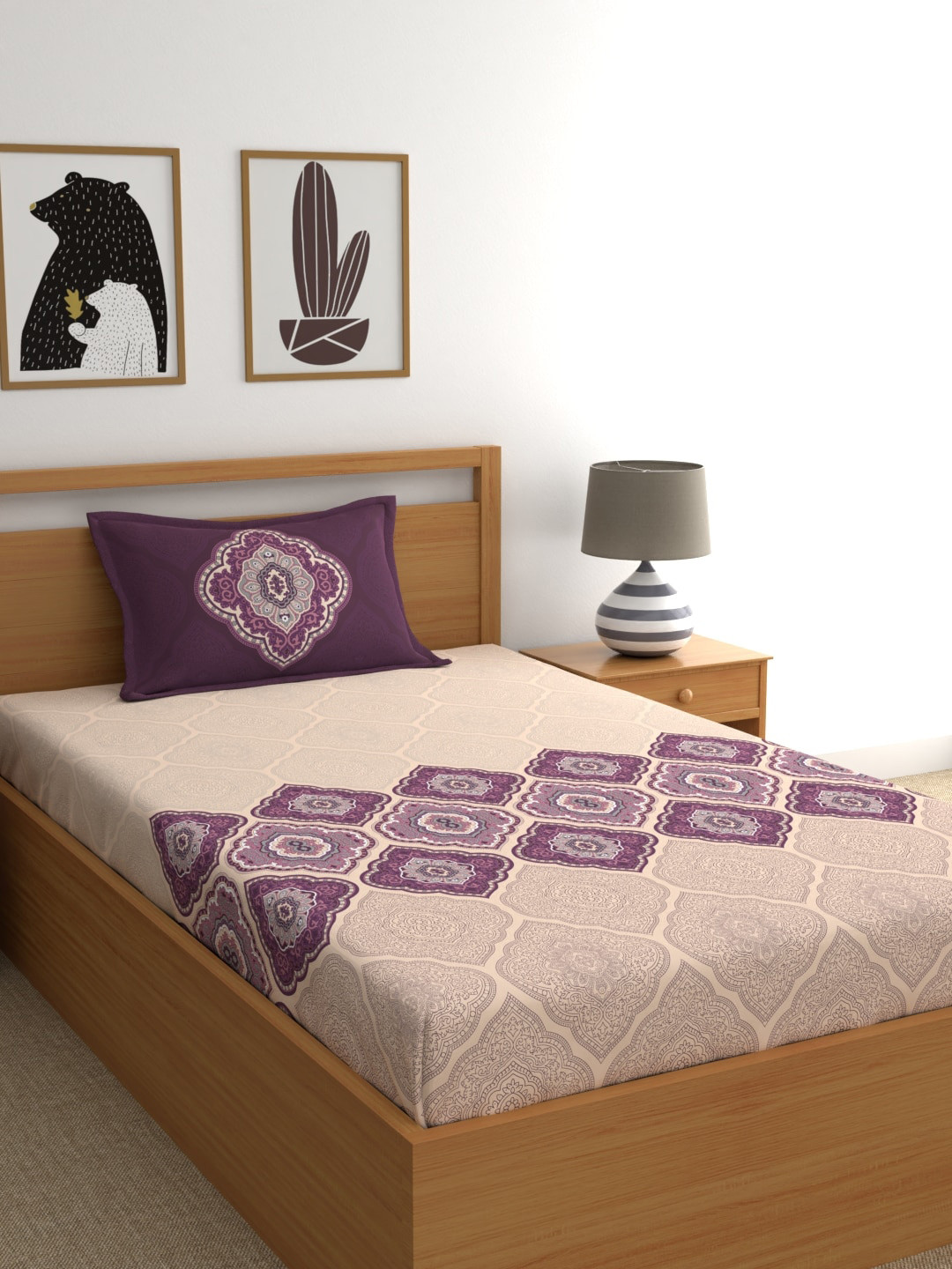 Dreamscape Purple Ethnic Motifs Cotton 140 TC Single Bedsheet with a Pillow Cover-59 x 100 inches