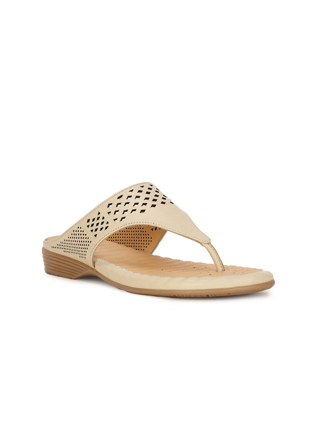 Scholl Women Beige T-Strap Flats with Laser Cuts