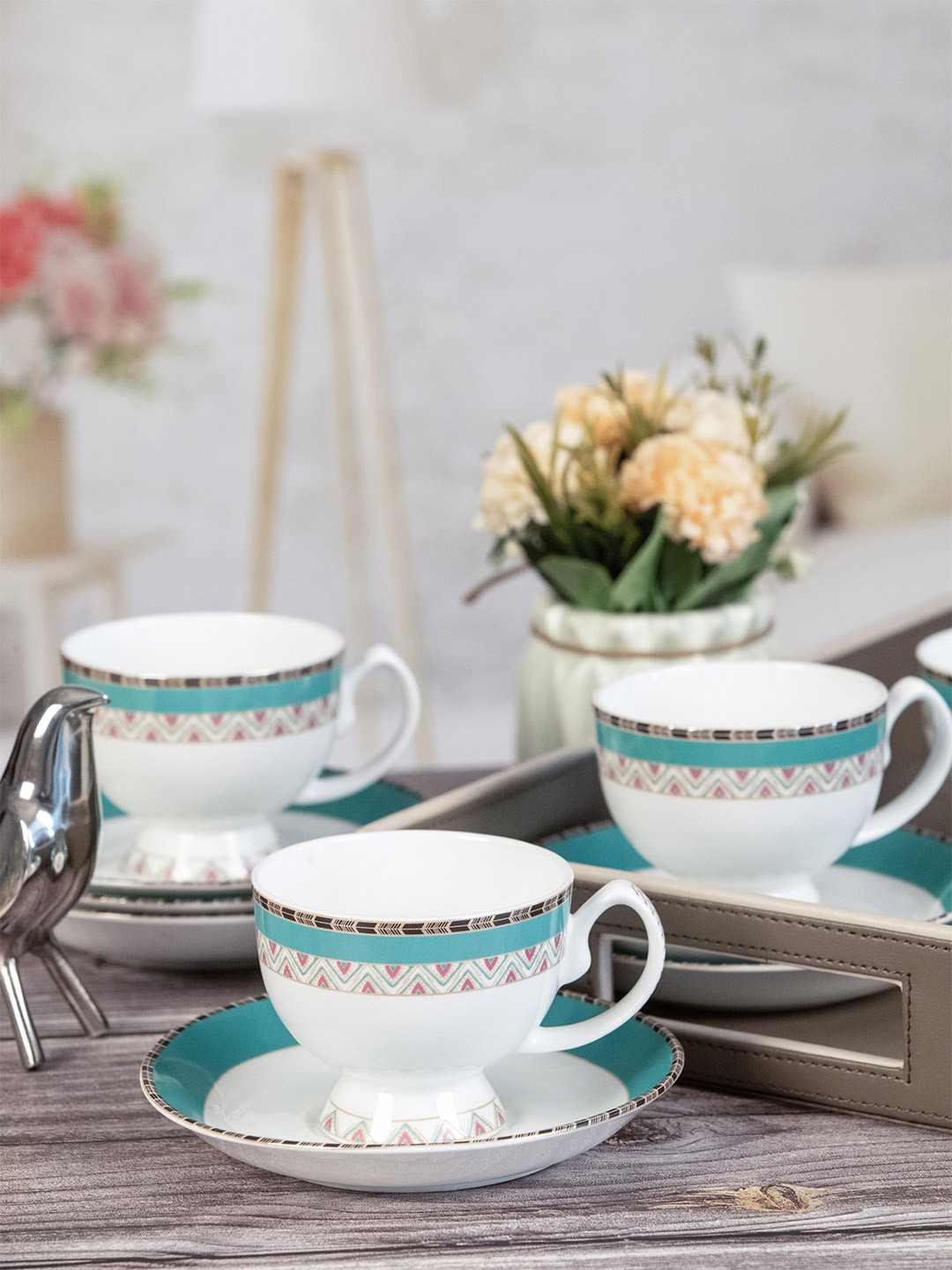 GOODHOMES Green & White Printed Bone China Glossy Cups and Saucers Set of Cups and Mugs