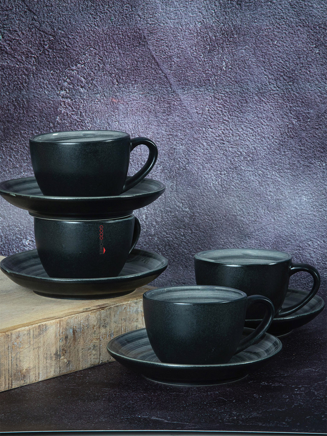 GOODHOMES Black Floral Printed Stoneware Glossy Cups and Saucers Set of Cups and Mugs