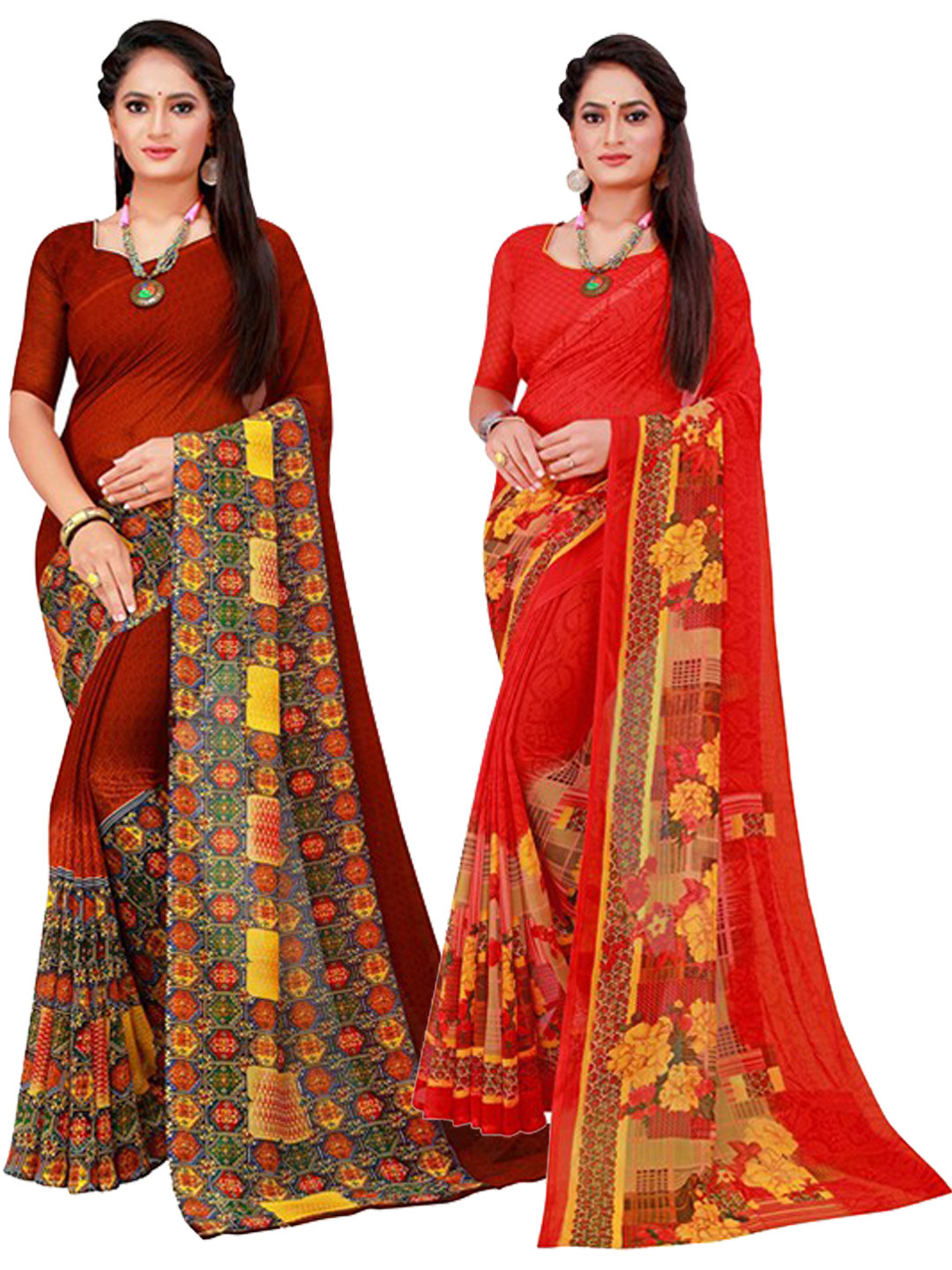 SAADHVI Brown & Rust Pure Georgette Saree