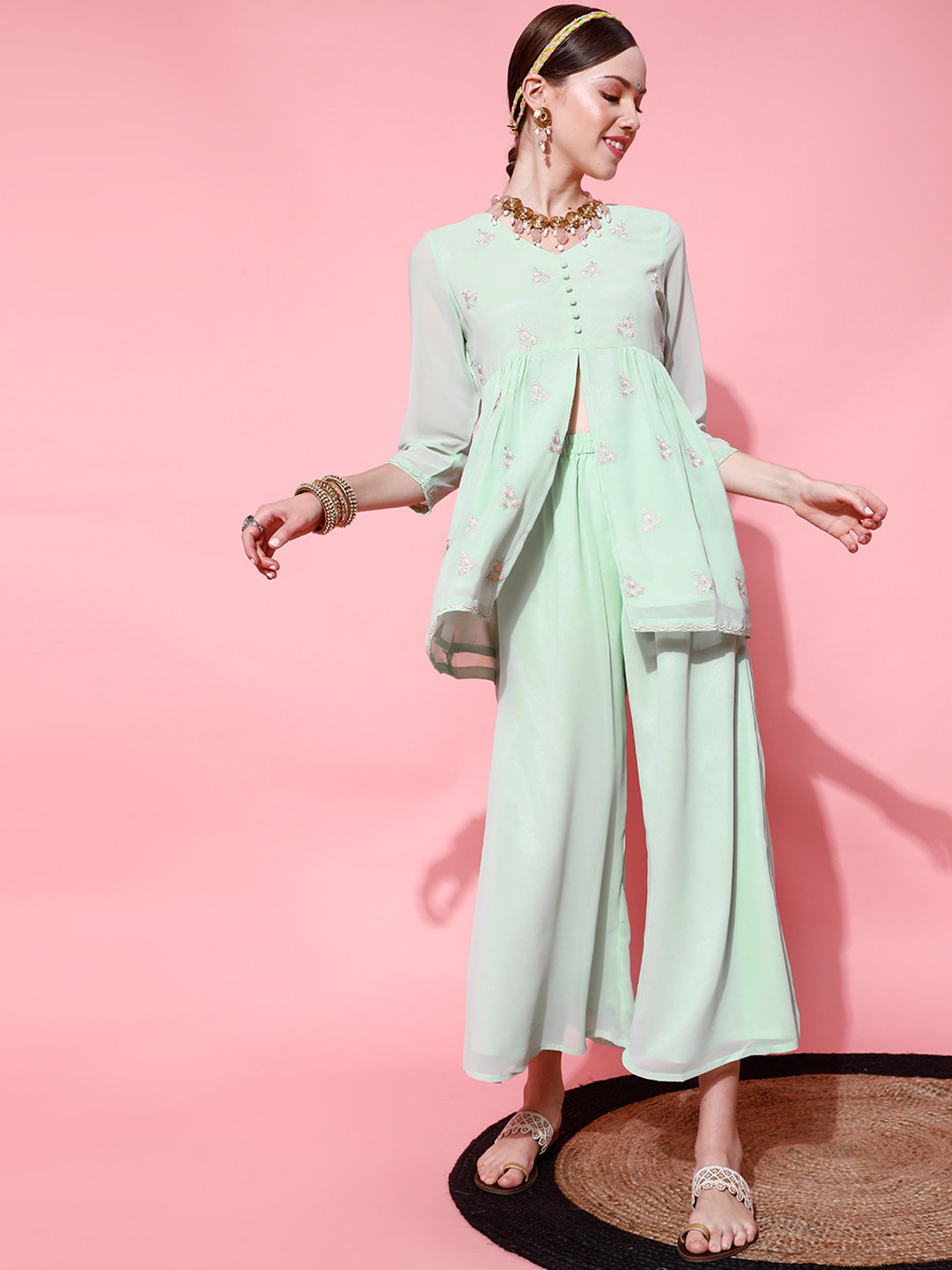 STREET 9 Women Green Yoke Design Kurti with Palazzos