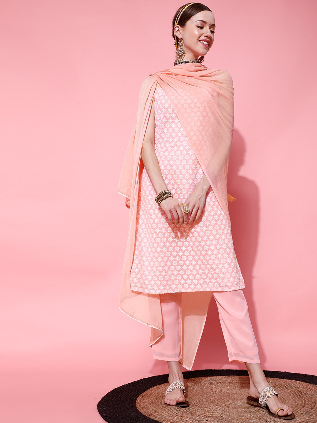 STREET 9 Women Peach-Coloured Kurti with Trousers & With Dupatta