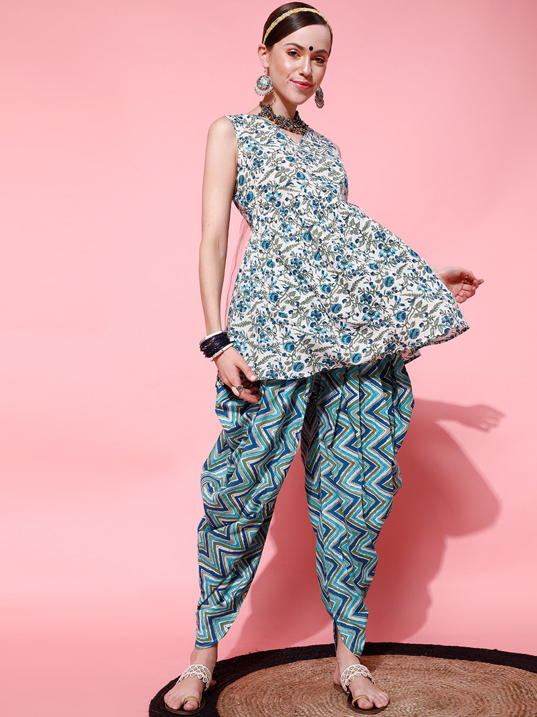 STREET 9 Women Blue Embroidered Pleated Pure Cotton Kurti with Trousers & With Dupatta