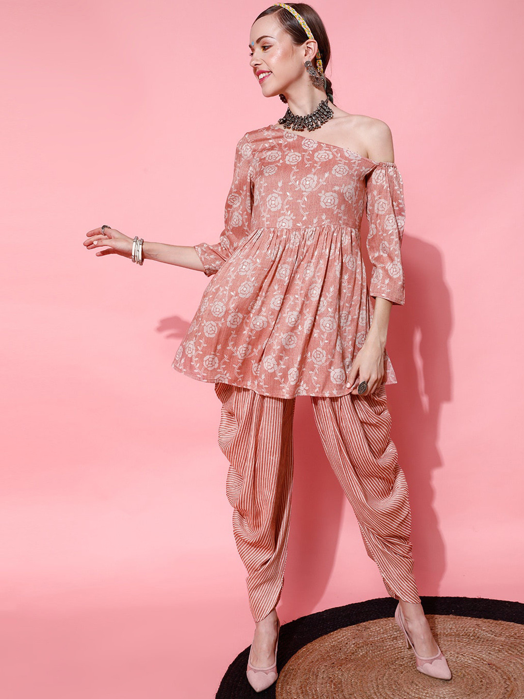 STREET 9 Women Peach-Coloured Pleated Kurti with Dhoti Pants & With Dupatta