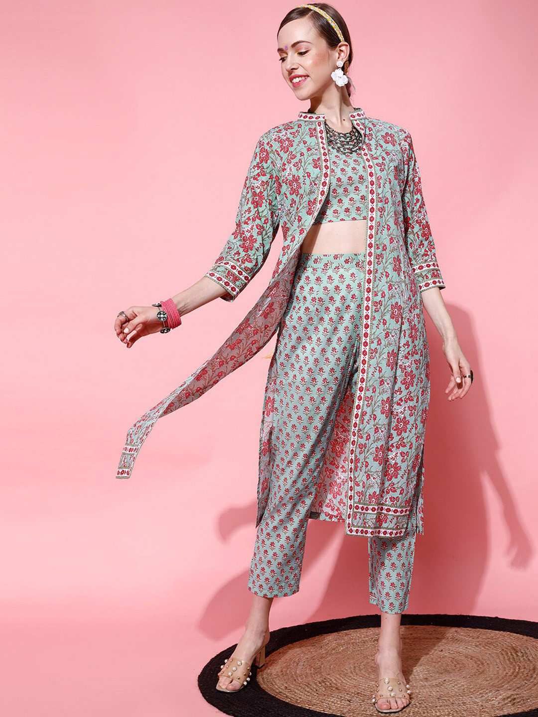 STREET 9 Women Blue & Red Printed Pure Cotton Ethnic Co-Ords