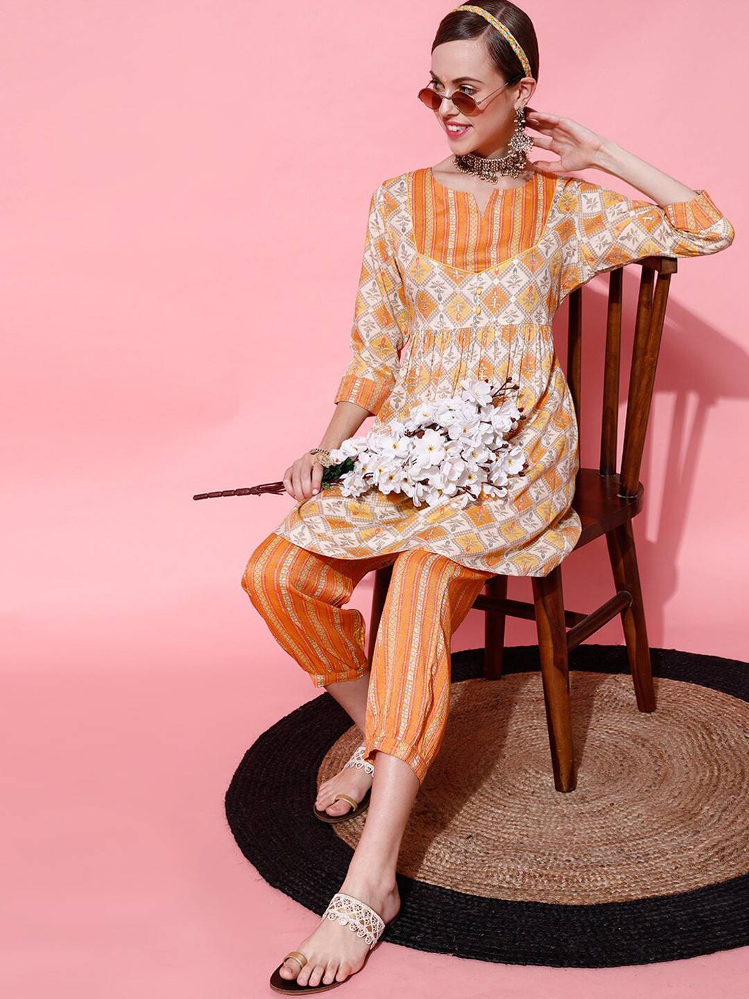 STREET 9 Women Mustard Yellow Printed Kurta with Trousers & With Dupatta