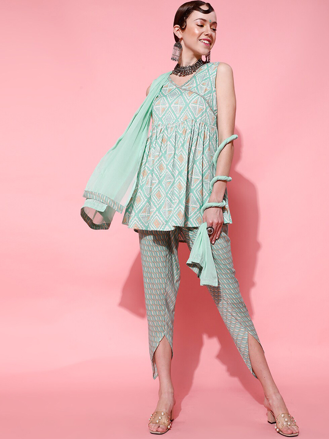 STREET 9 Women Green Embroidered Layered Kurti with Dhoti Pants