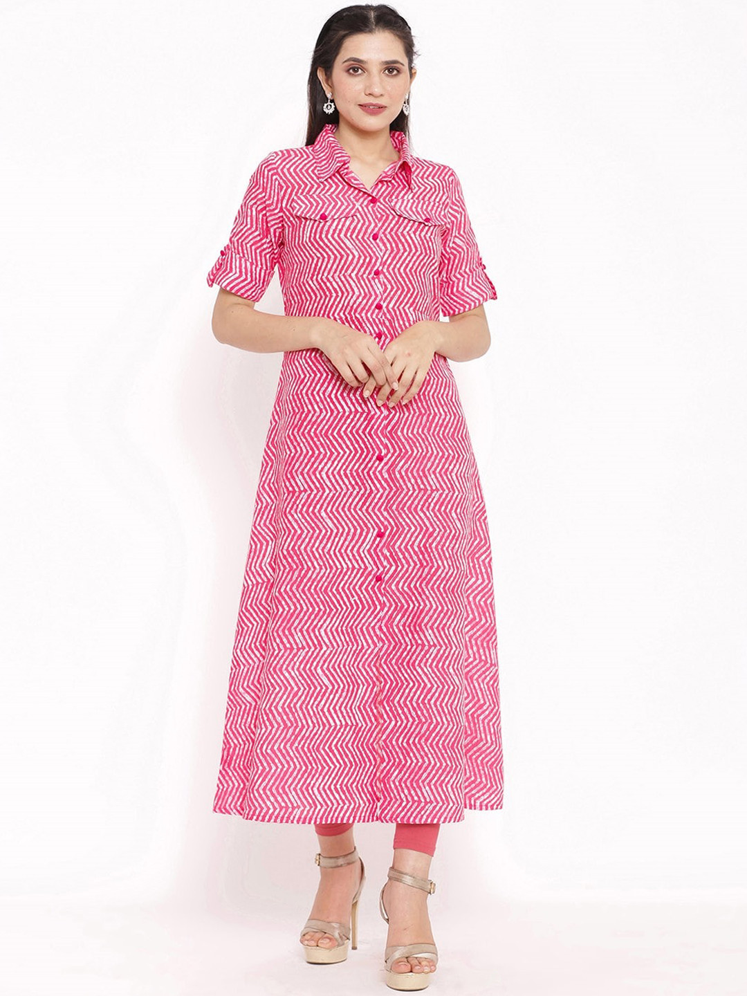 Saart Bunaai Women Pink Chevron Printed Anarkali Kurta