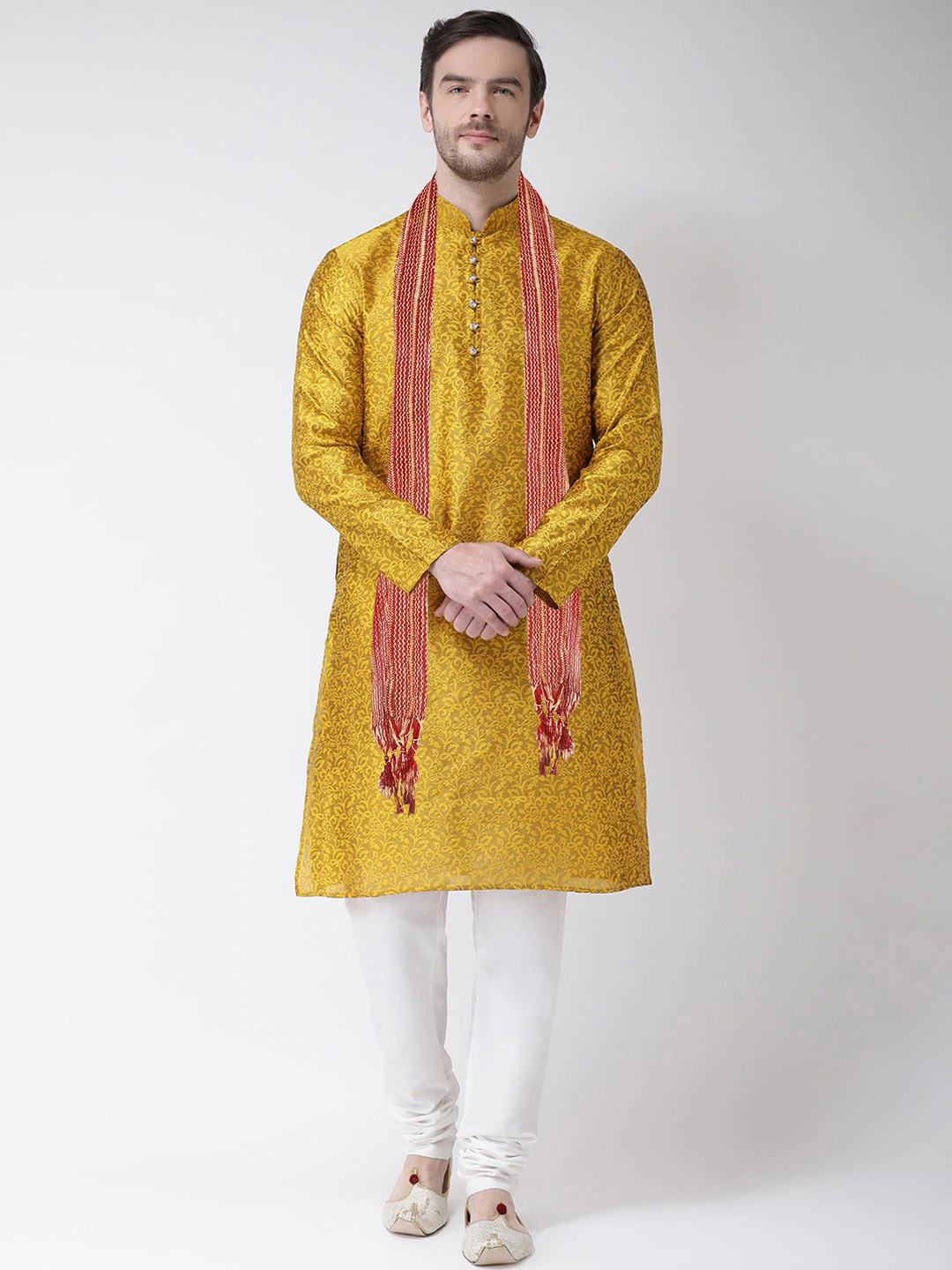 SG LEMAN Men Yellow Embroidered Raw Silk Kurta with Churidar & With Dupatta