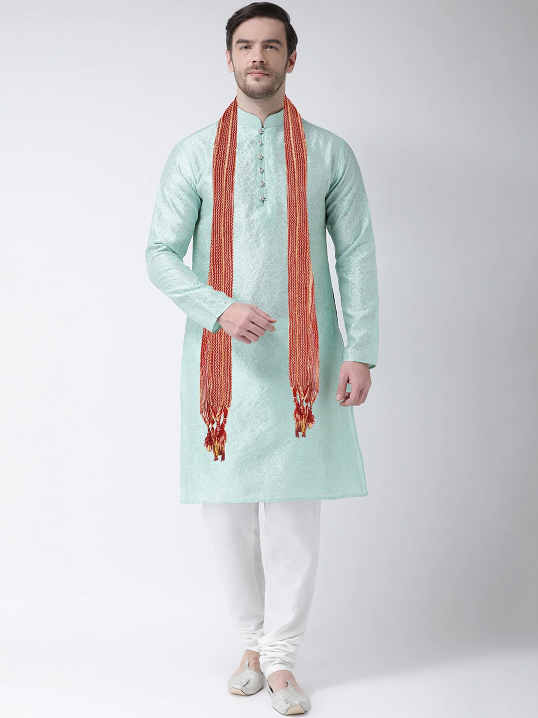 SG LEMAN Men Sea Green Raw Silk Kurta with Churidar & With Dupatta