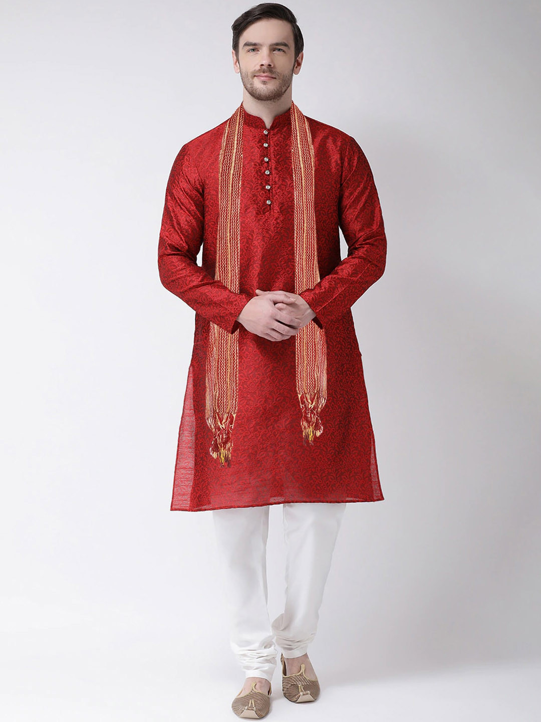 SG LEMAN Men Maroon Raw Silk Kurta with Churidar