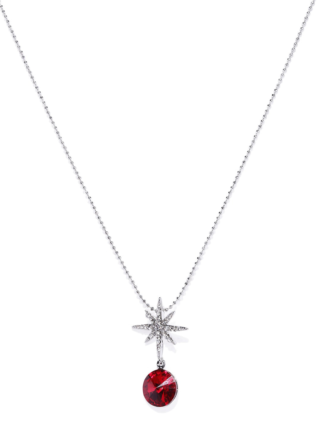 Mahi Rhodium-Plated Maroon CZ Stone-Studded Starry Pendant With Chain