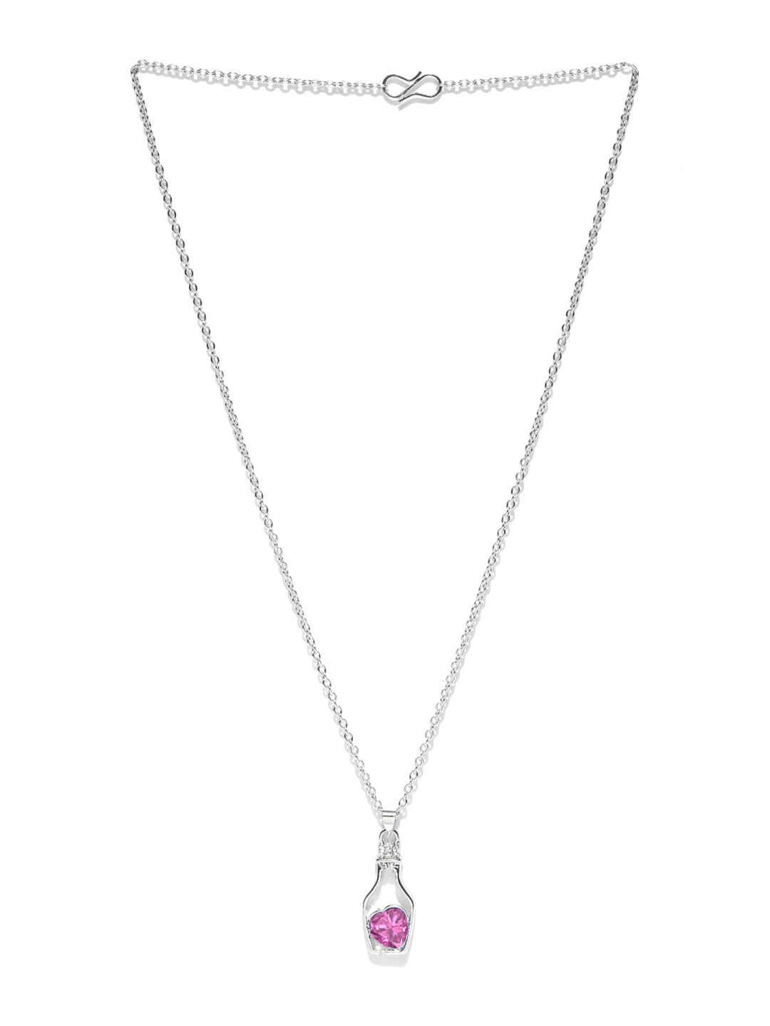 Mahi Rhodium-Plated Pink Crystal-Studded Heart Bottle Pendant