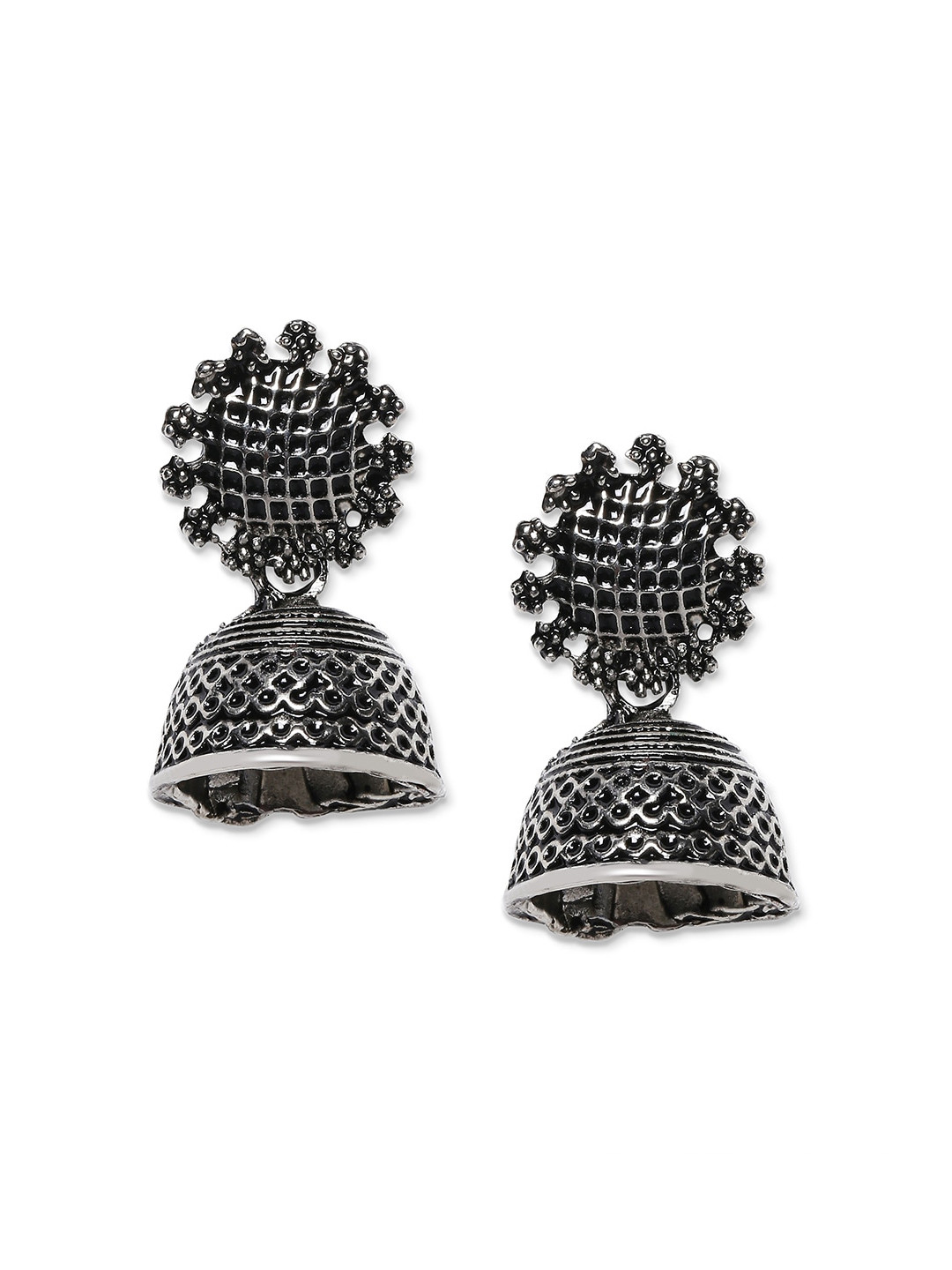 Mahi Silver-Toned Oxidized Contemporary Jhumka Earrings