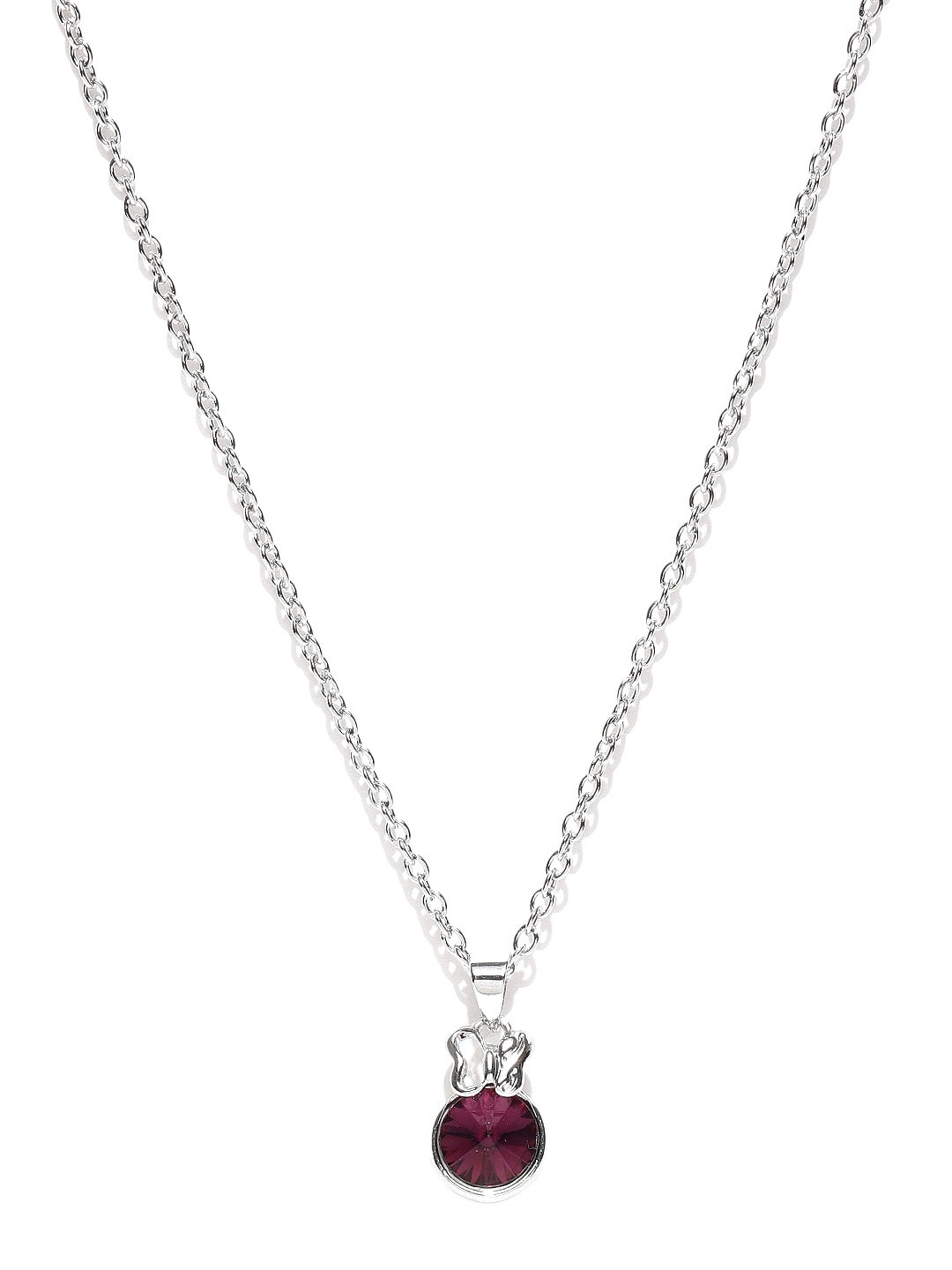 Mahi Rhodium-Plated Purple Solitaire Crystal-Studded  Butterfly Pendant With Chain