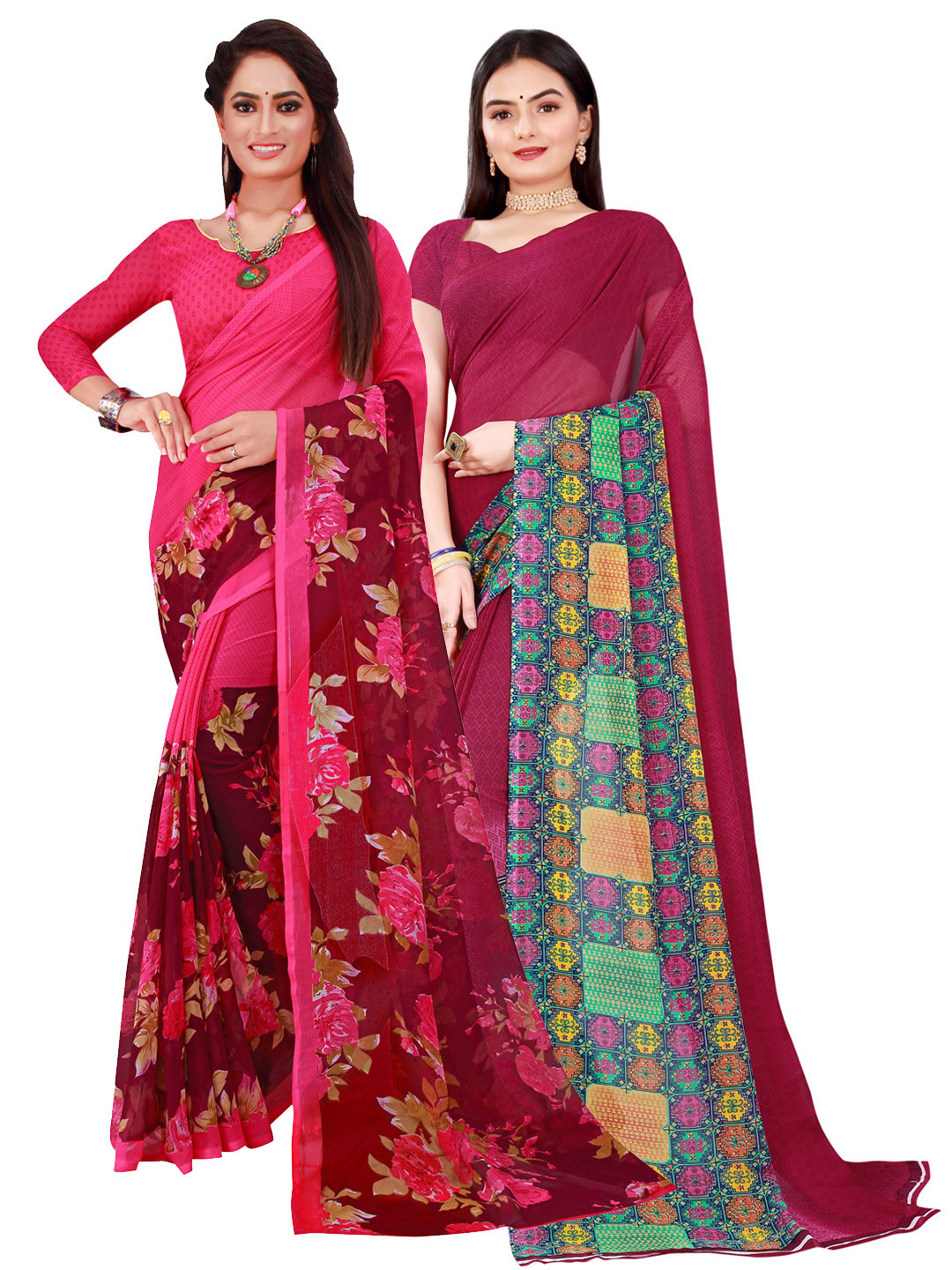 Florence Pack of 2 Maroon & Magenta Floral Pure Georgette Sarees