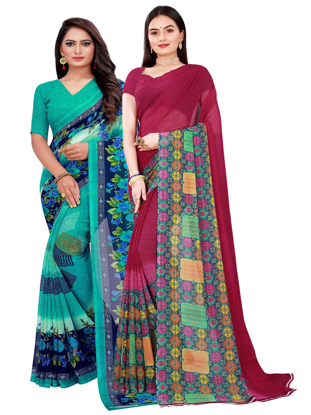 KALINI Teal & Maroon Pure Georgette Saree