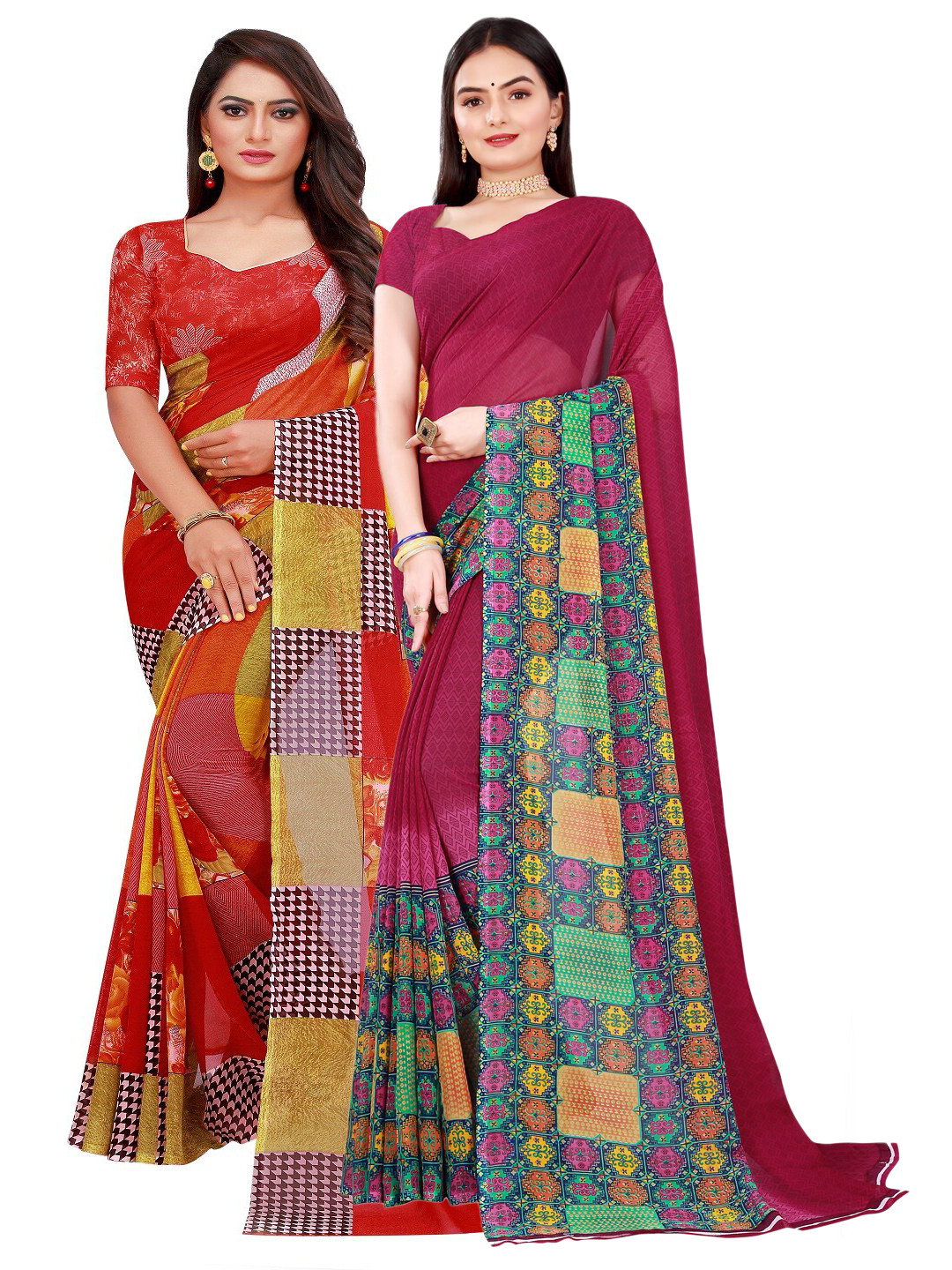 KALINI Maroon & Red Pure Georgette Saree