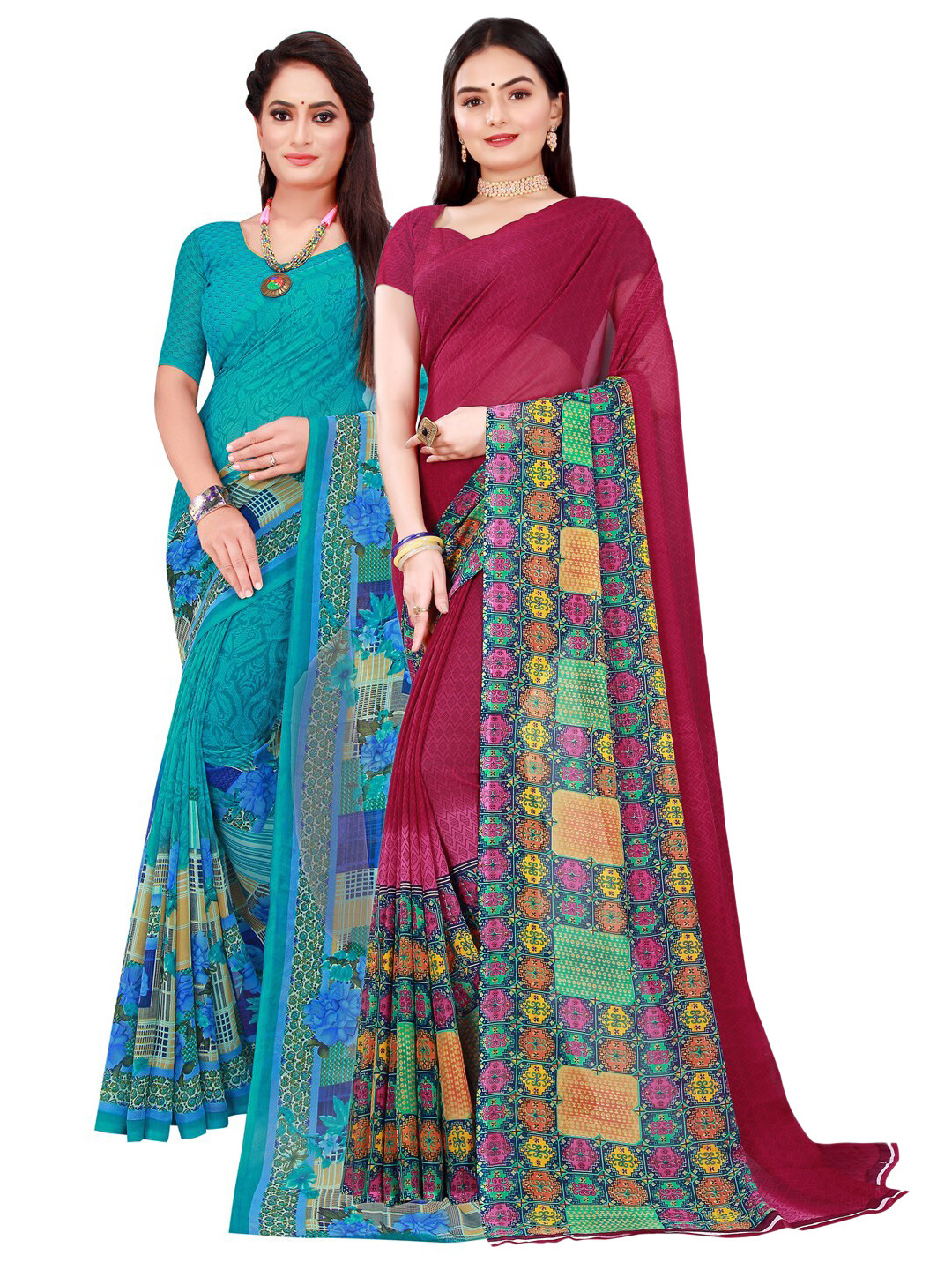 KALINI Maroon & Turquoise Blue Pure Georgette Saree