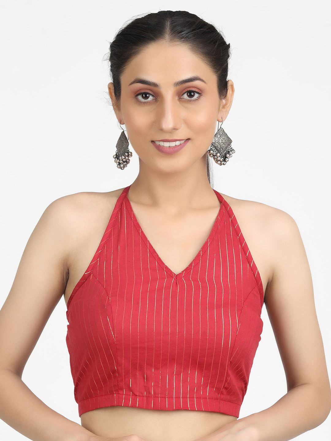 Llajja Women Red & Gold-Coloured Woven Design Cotton Saree Blouse