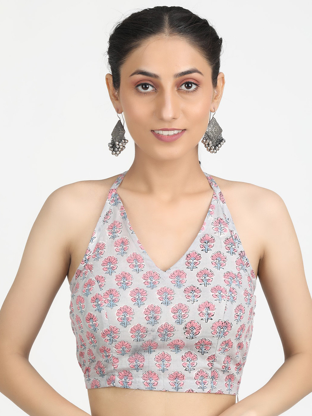 Llajja Women Grey & Pink Block Printed Pure Cotton Saree Blouse