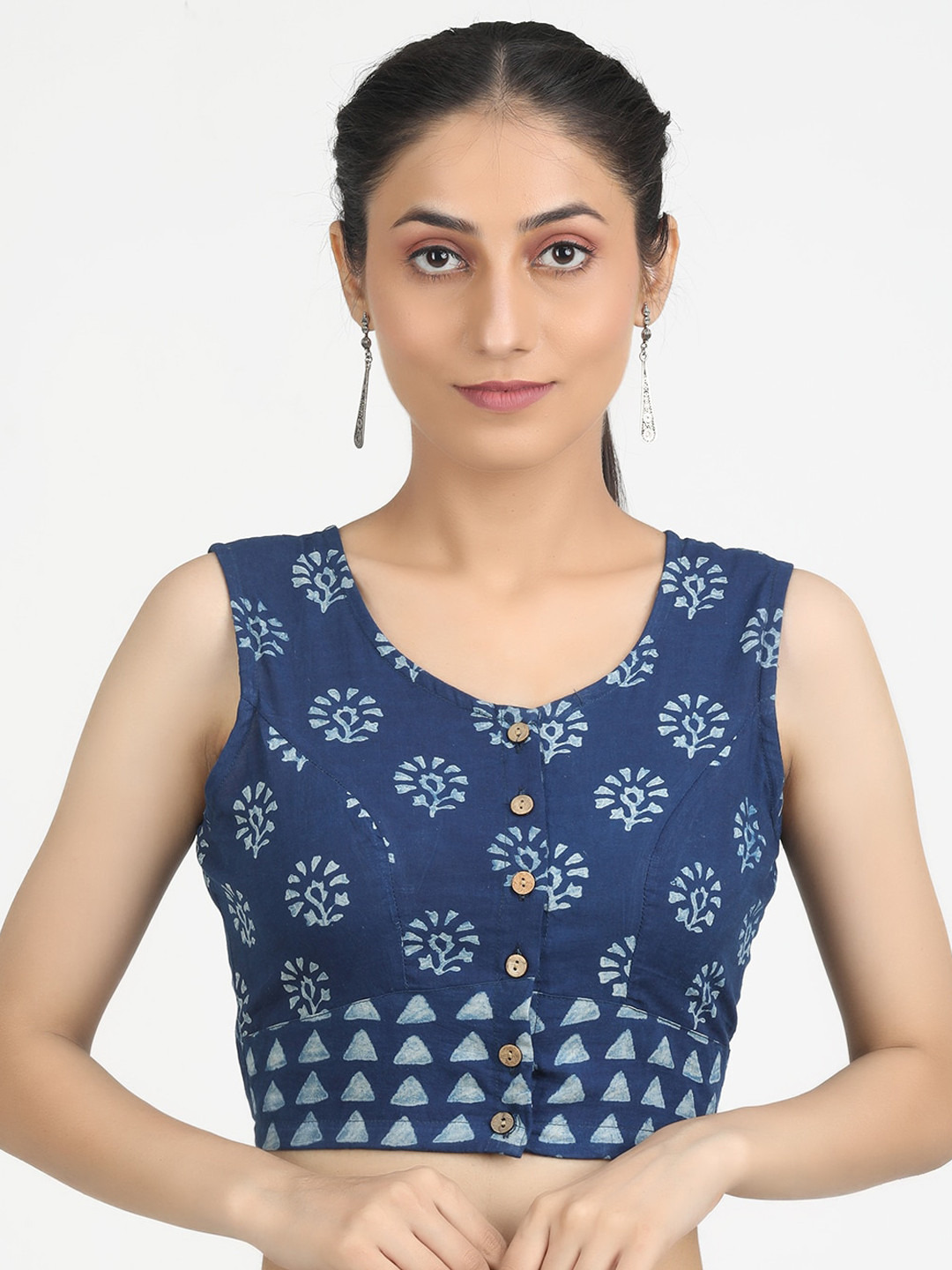 Llajja Blue Printed Pure Cotton Non Padded Saree Blouse