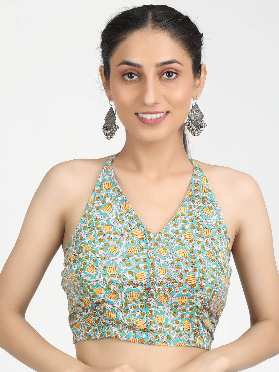 Llajja Women Turquoise Blue Block Printed Cotton Saree Blouse