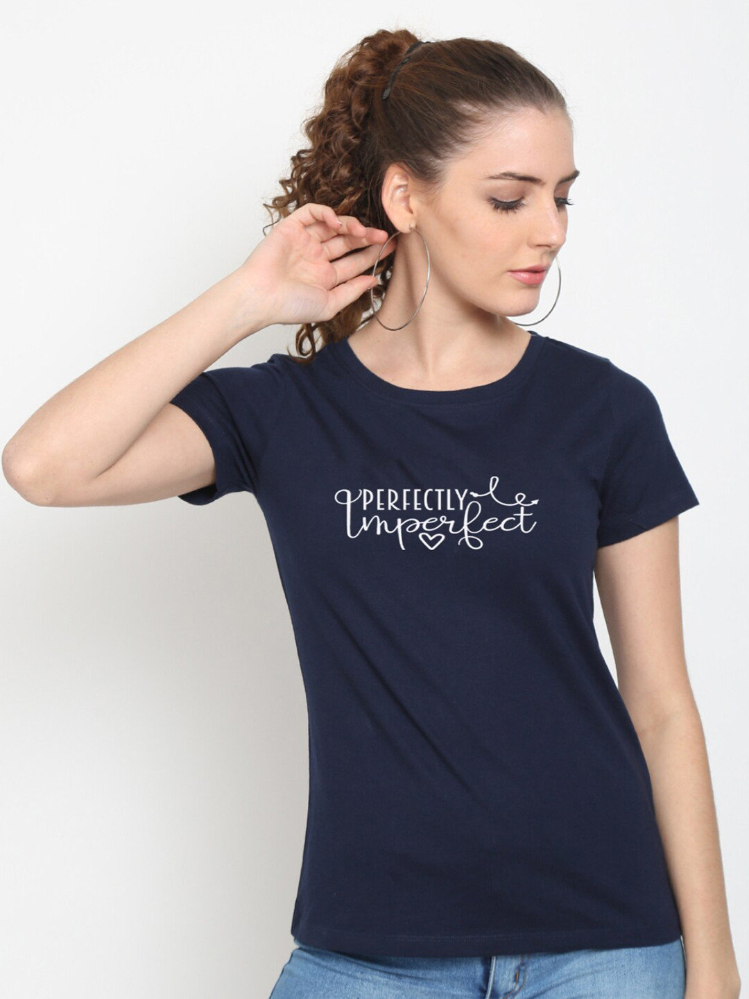 UnaOne Women Blue Typography Printed Short Sleeves Regular Fit T-shirt