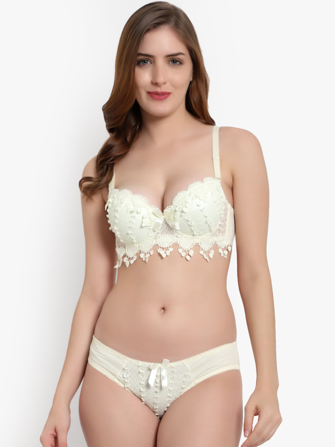 BRACHY Women Yellow Self-Design Bridal Lace Lingerie Set