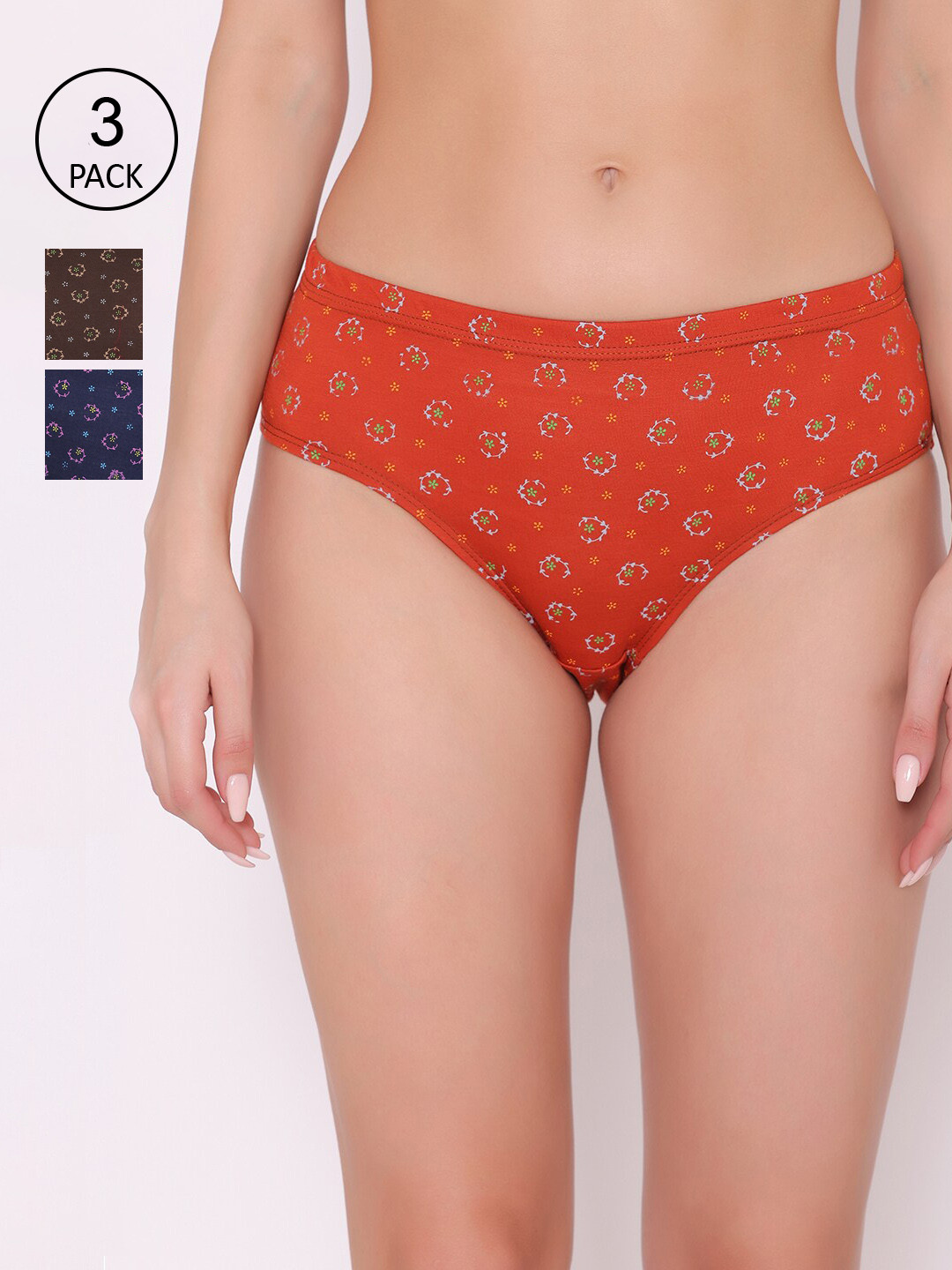 ABELINO Women Pack of 3 Navy Blue & Red Printed Cotton Hispter Briefs