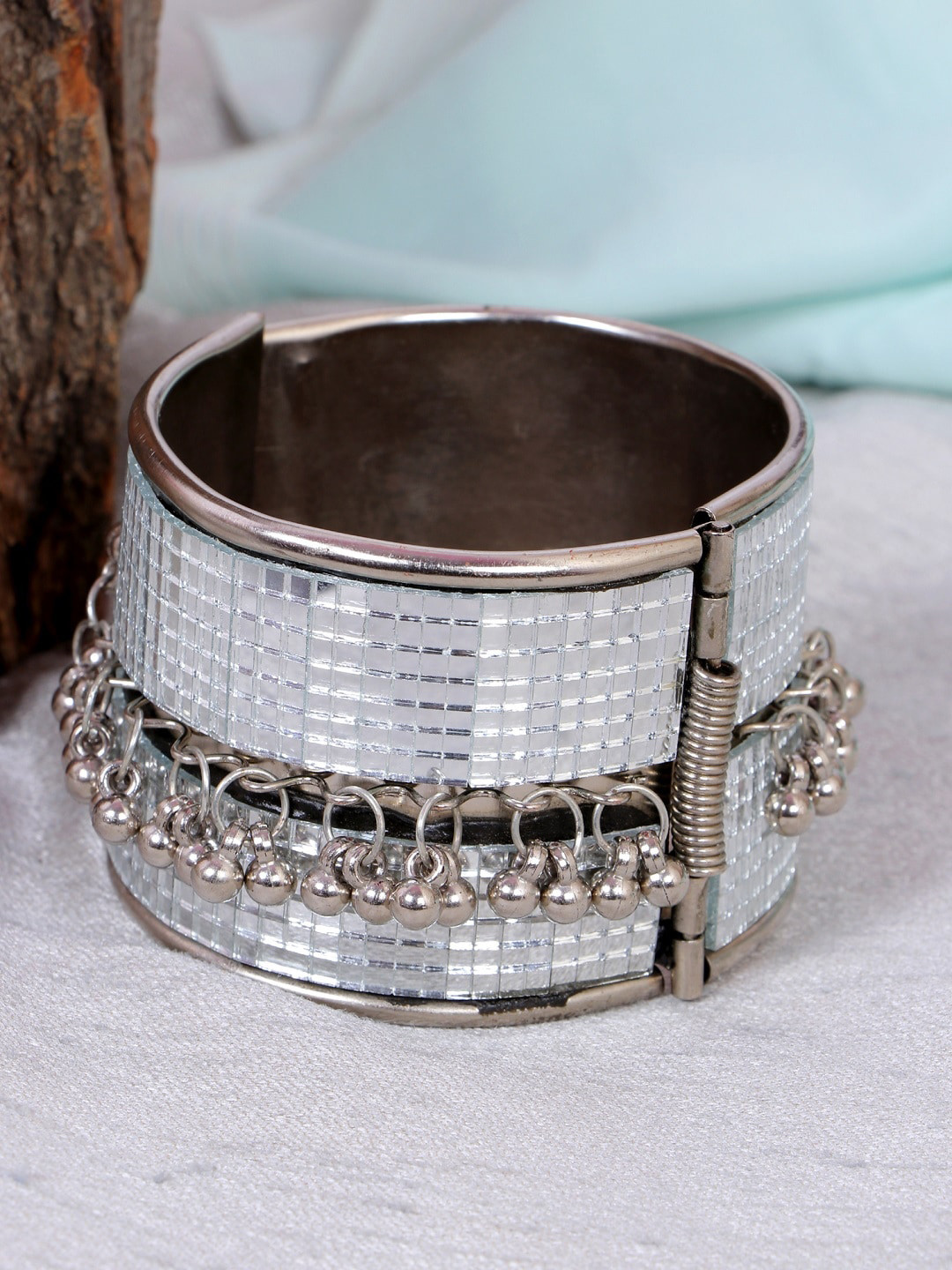 Crunchy Fashion Silver-Toned Oxidised German Silver Tribal Ghungroo Cuff Bangle