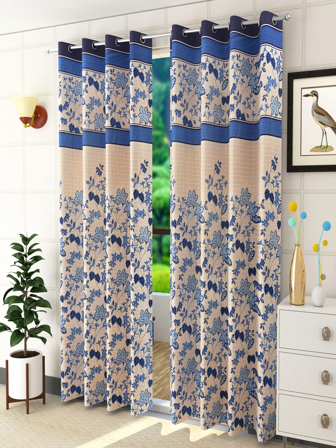 Homefab India Blue & Beige Set of 2 Floral Door Curtain