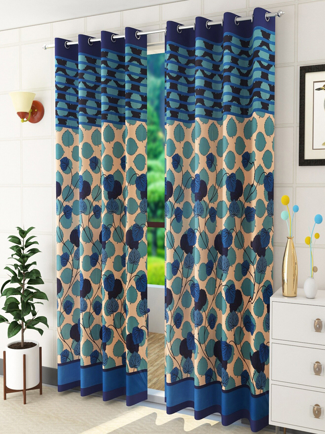Homefab India Blue & Black Set of 2 Floral Long Door Curtain