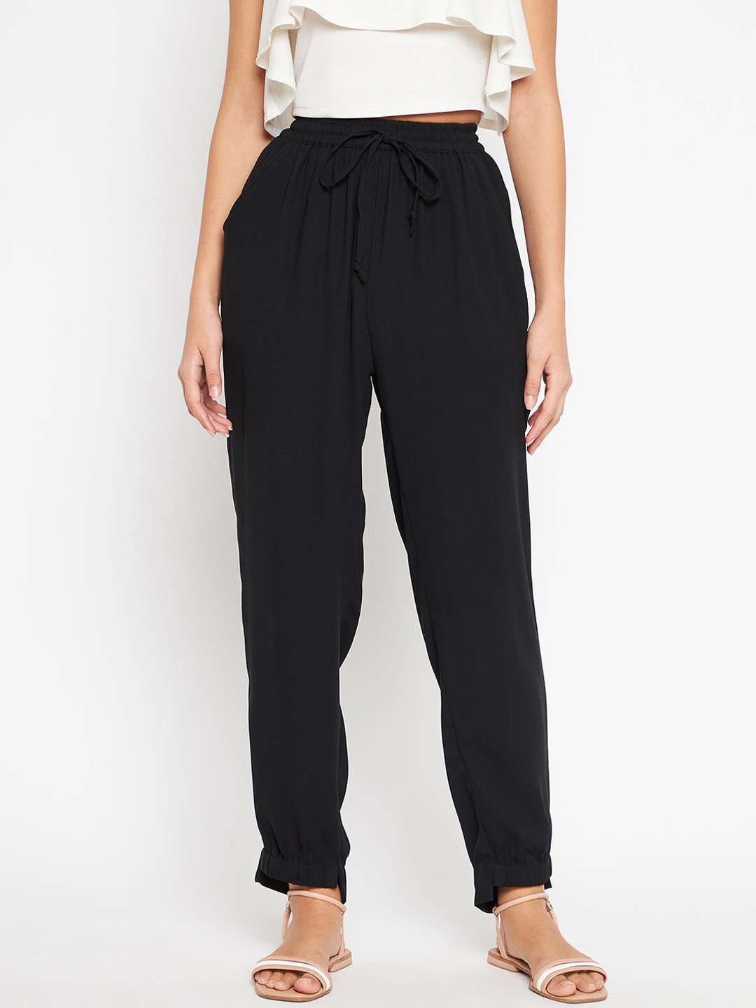 JUNE & HARRY Women Black Smart Slim Fit High-Rise Pleated Trousers