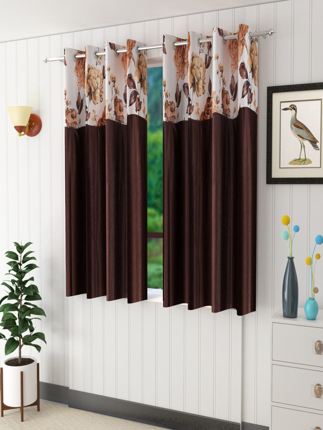 Homefab India Coffee Brown & White Set of 2 Floral Window Curtain