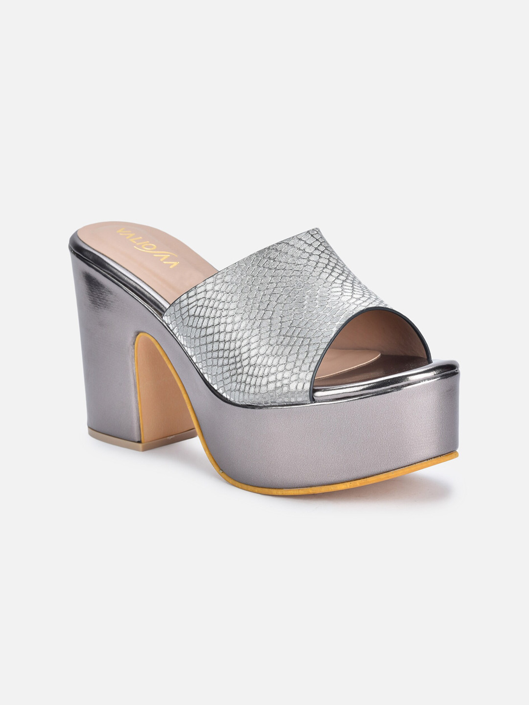 VALIOSAA Gunmetal-Toned Party Block Sandals with Laser Cuts