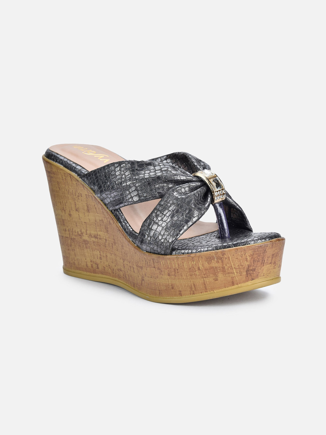 VALIOSAA Gunmetal-Toned Printed Party Platform Sandals